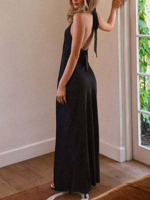 Black cotton backless halter neck maxi dress with tie detail