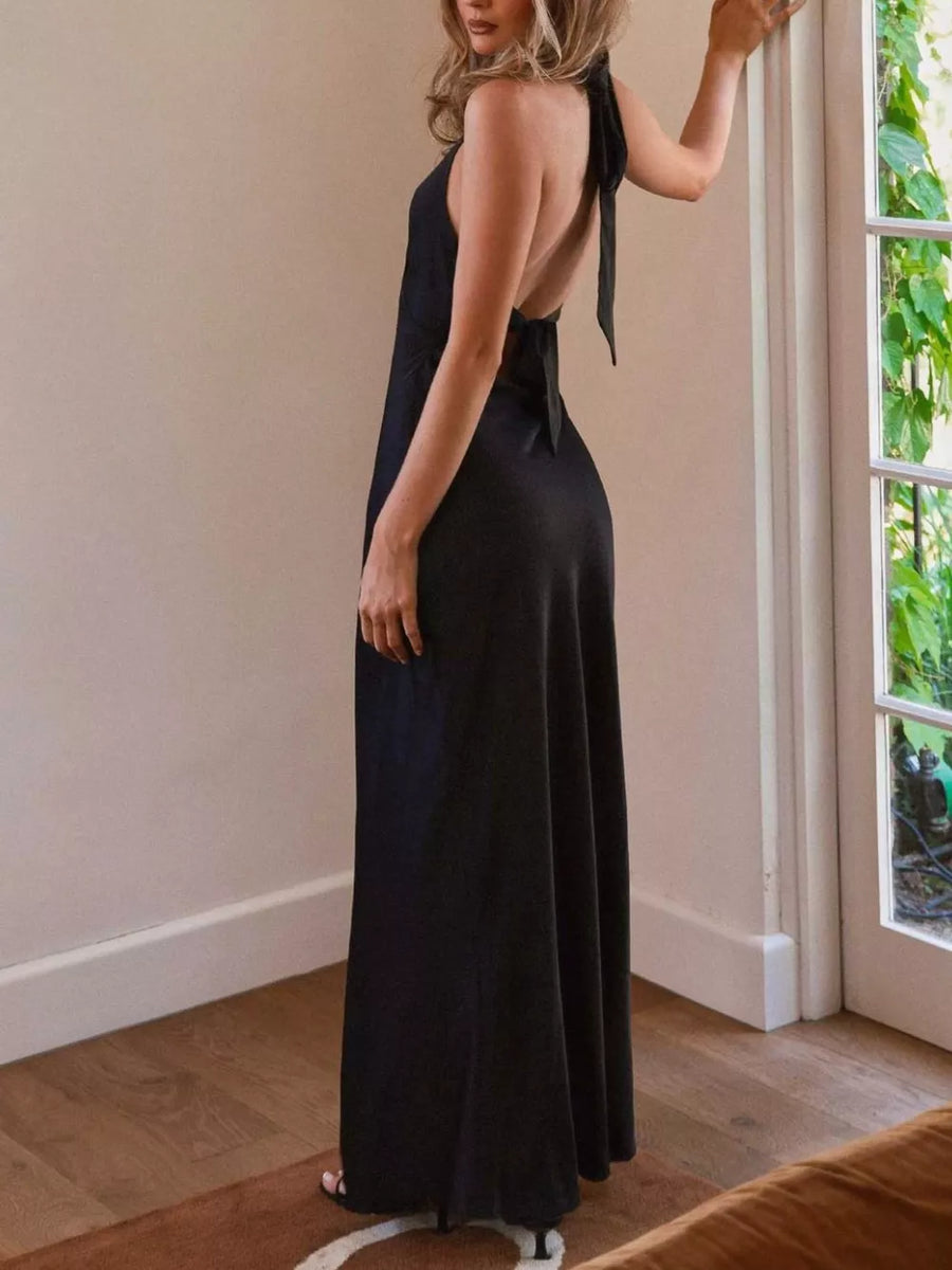 Black cotton backless halter neck maxi dress with tie detail