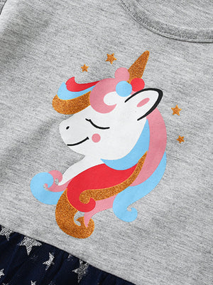 Grey cotton baby dress with a colorful unicorn graphic and ruffle sleeves.