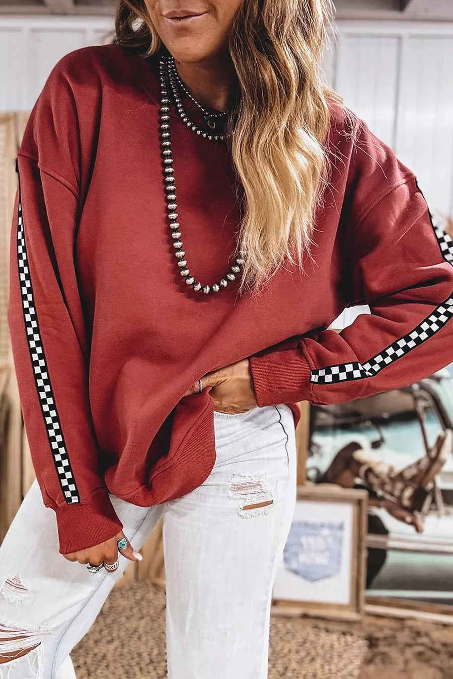Checkered Trim Long Sleeve Round Neck Sweatshirt in Rust