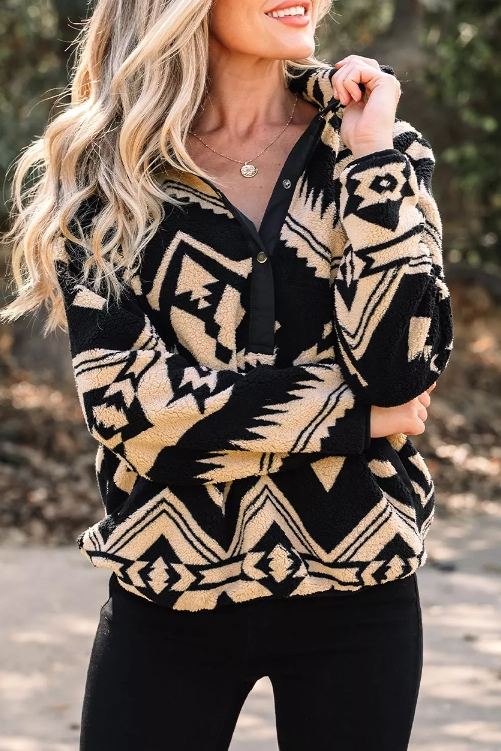 Beige Aztec Print Fleece Snap Down Sweatshirt