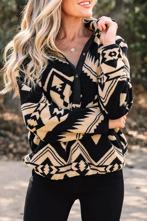 Beige Aztec Print Fleece Snap Down Sweatshirt