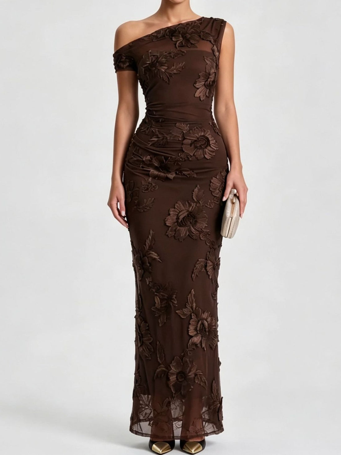 One-Shoulder Floral Embroidered Maxi Dress in Sky Blue with applique