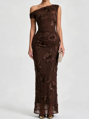 One-Shoulder Floral Embroidered Maxi Dress in Sky Blue with applique