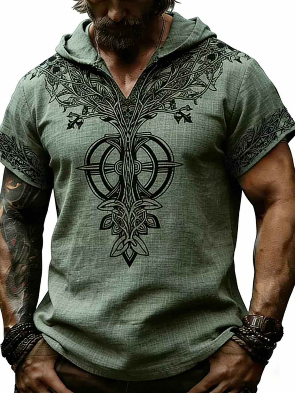 White Men's Full Size Printed Hooded Short Sleeve Top