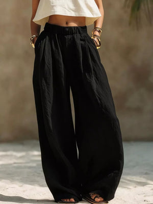 Full Size Elastic Waistband Wide Leg Pants in Khaki