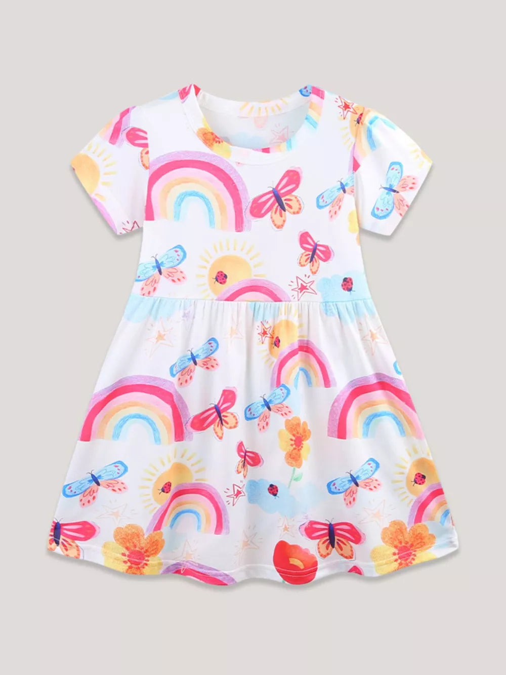 Toddler rainbow butterfly dress with short sleeves and a gathered waist.