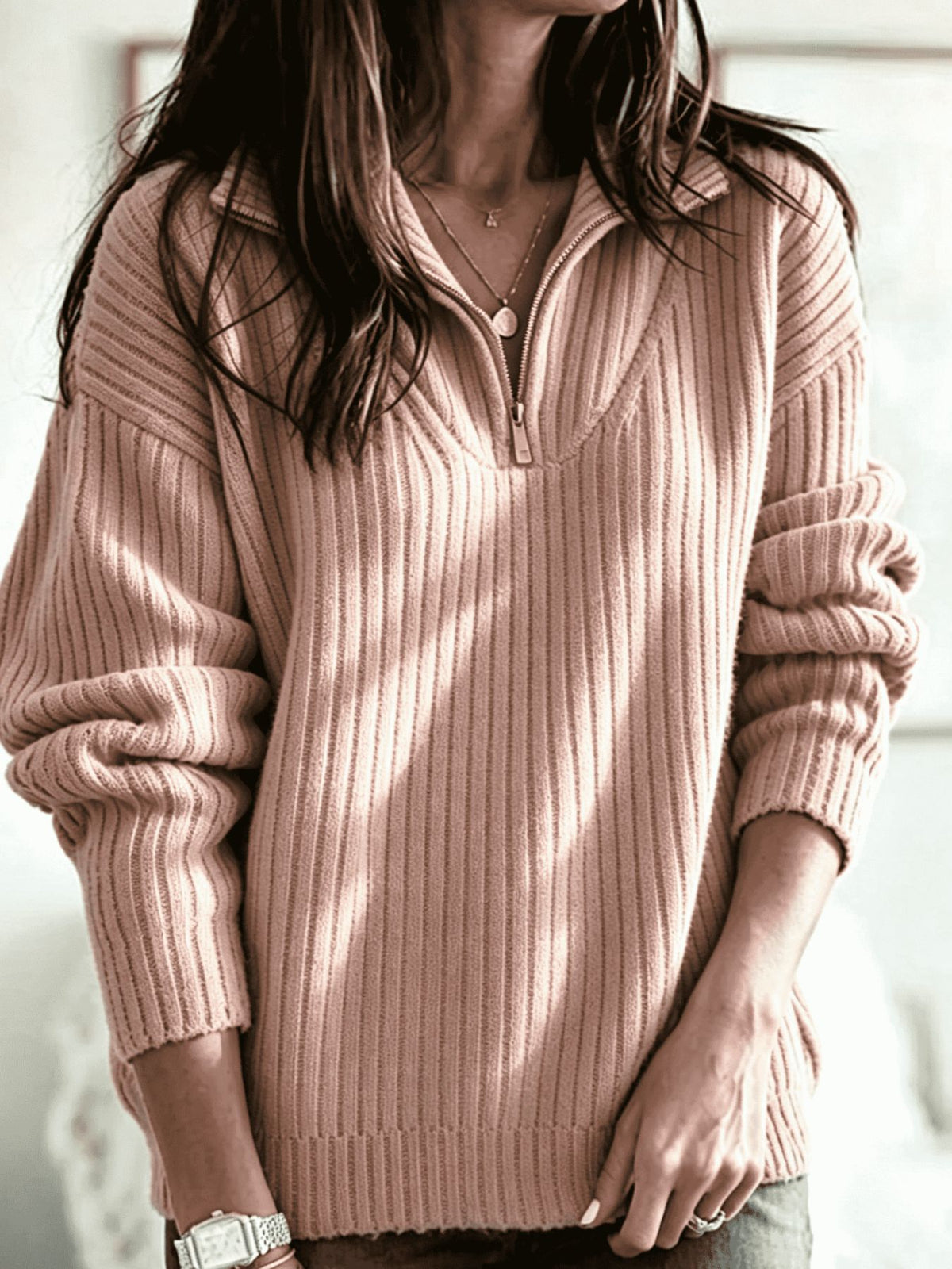 Full Size Half-zip Textured Sweater Plus Size