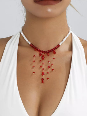 18k Gold-plated Synthetic Pearl Dangle Necklace in Deep Red