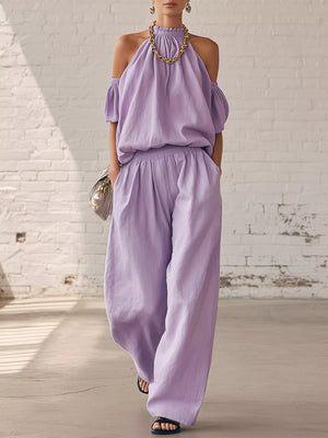 two-piece set in lavender featuring pocketed and relaxed top, wide-leg pants fit