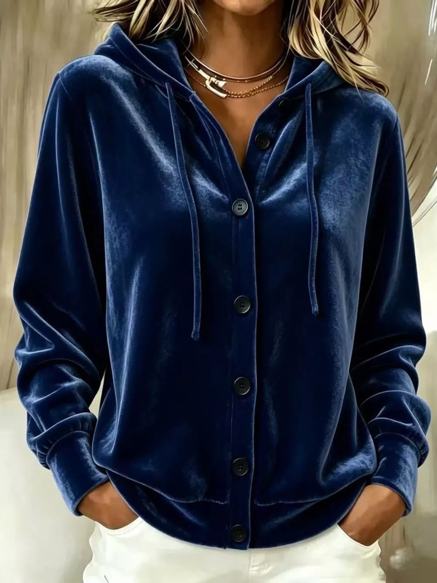 Full Size Velvet Button-down Hooded Outerwear in Light Blue with buttoned
