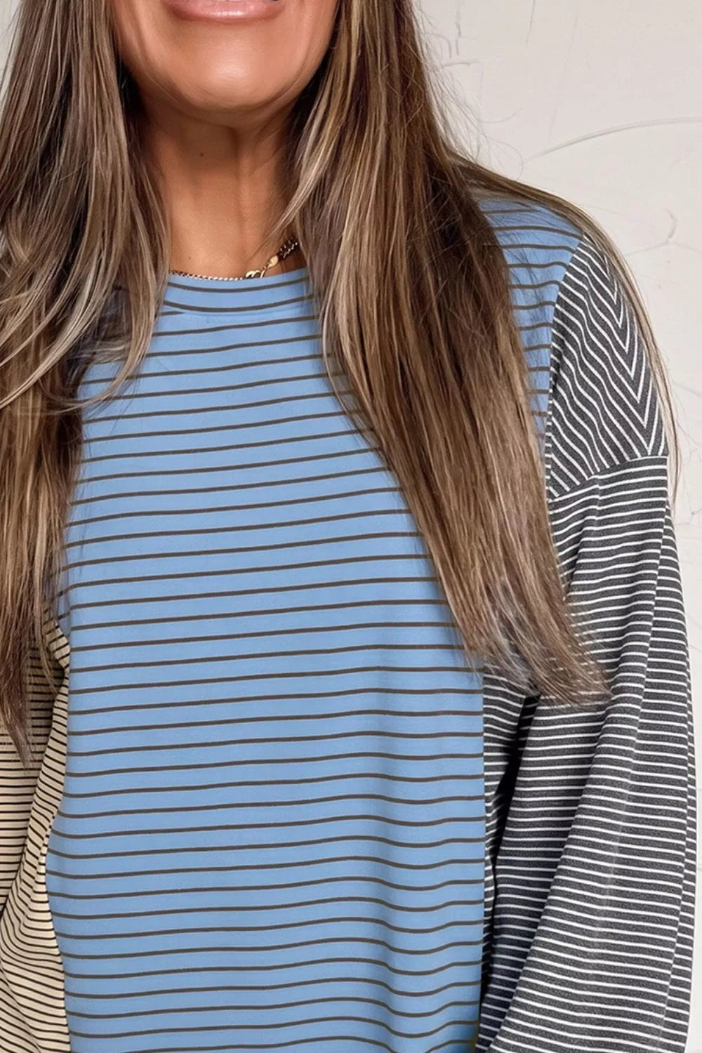 Dusty Blue with Color Block Striped Sweatshirt