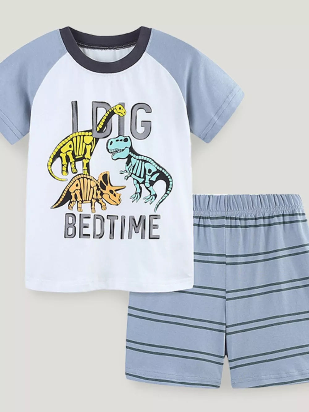 Toddler dinosaur sleepwear set with graphic tee and striped shorts