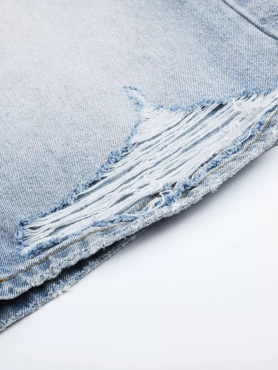 Men's High-waisted Distressed Denim Capris in Blue with distressed