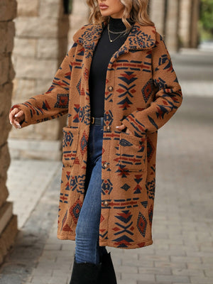 Caramel teddy longline coat with Aztec print, button front, and patch pockets.