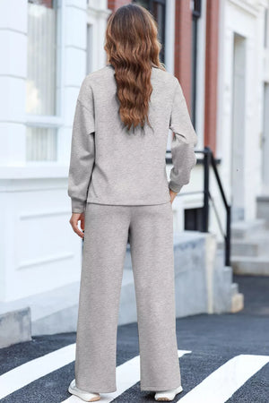 Solid Color V Neck Top And High Waist Pants Set option 5