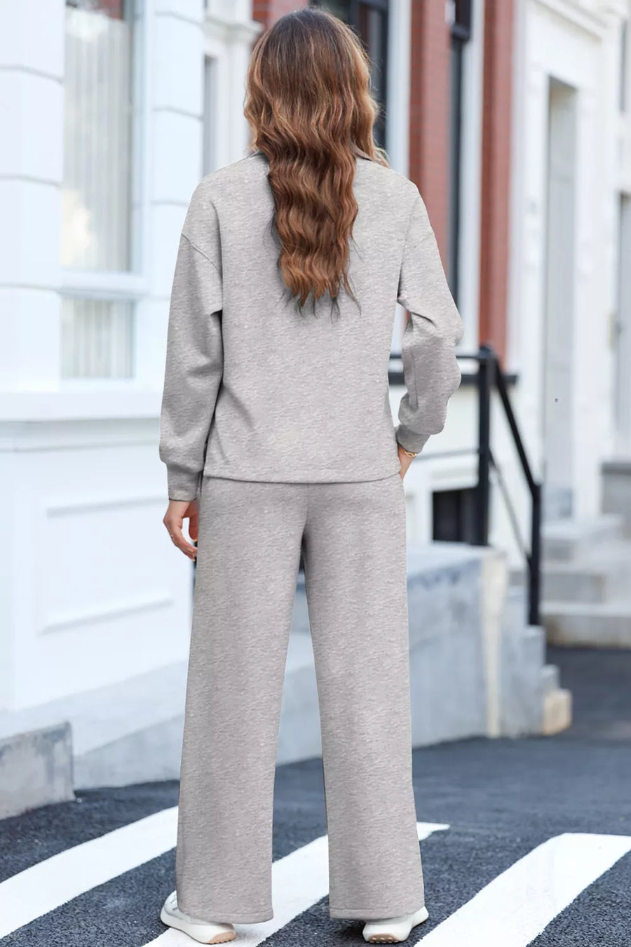 Solid Color V Neck Top And High Waist Pants Set option 5