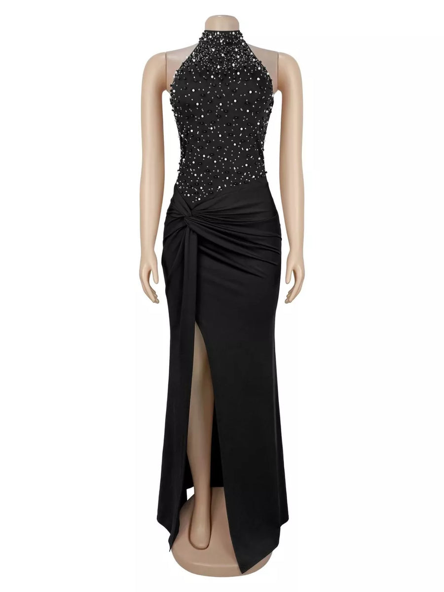 black maxi dress with slit and sleeveless