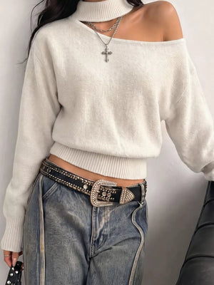 modern pullover sweater in Gray with mock neck with cutout