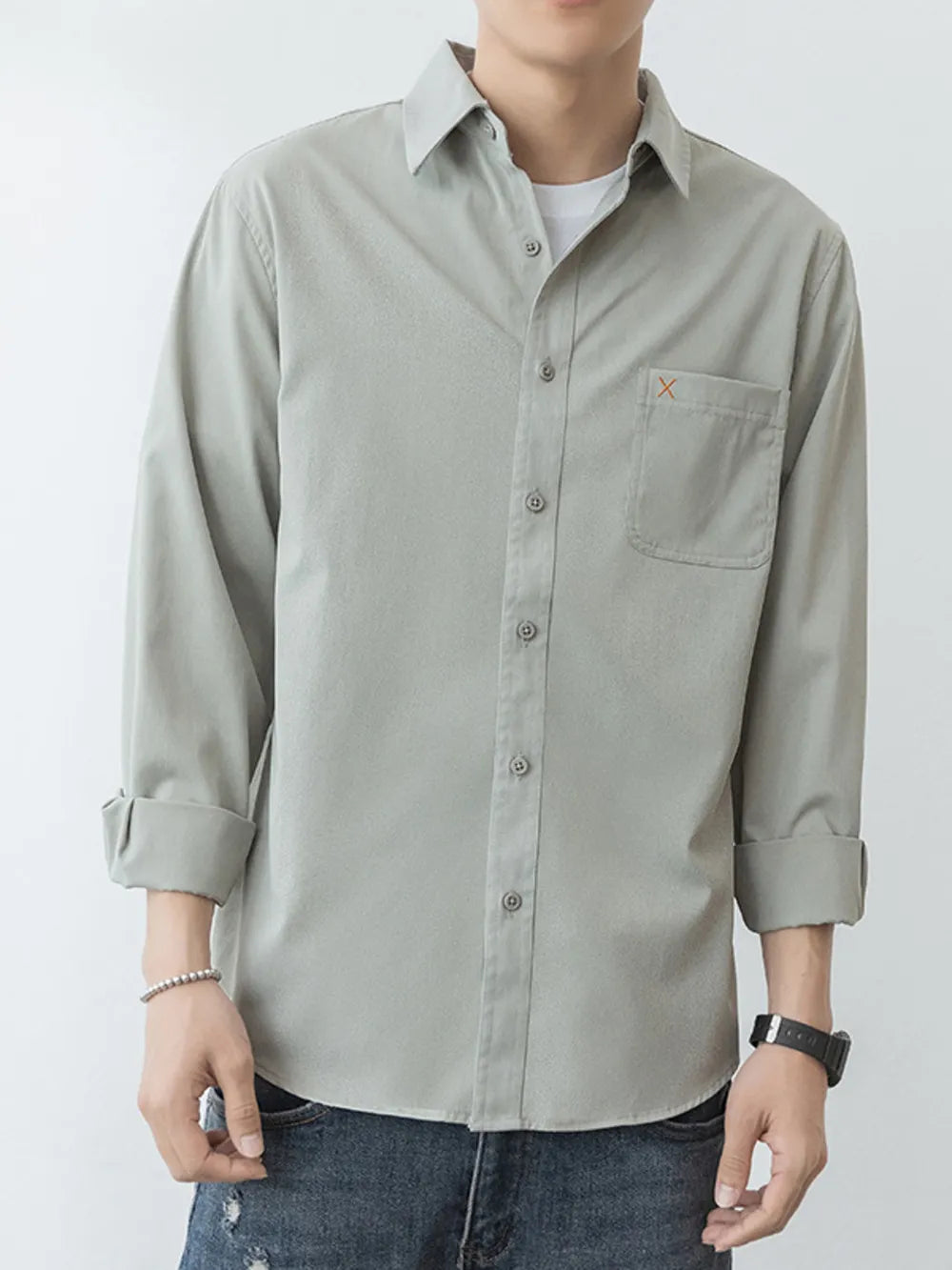 Men's Plus Size Button Up Long-sleeve Shirt in Light Green