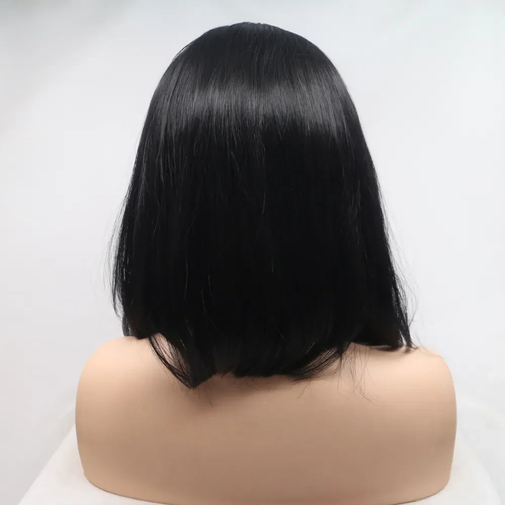 Black blunt-cut bob lace front wig with a smooth finish.