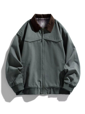 Oversized zip-up jacket in Gray Green with a brown collar and plaid lining.