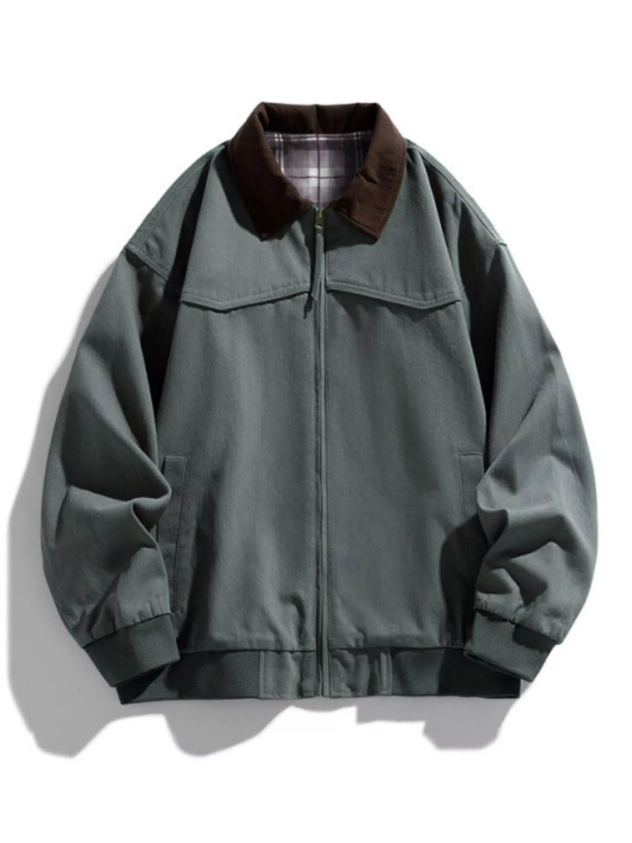 Oversized zip-up jacket in Gray Green with a brown collar and plaid lining.
