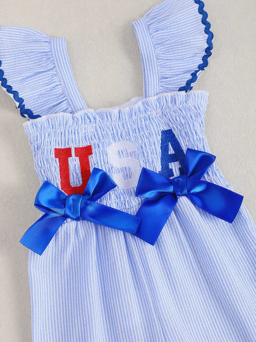 Blue with Children's Usa Themed Ruffled Sleeve Smocked Jumpsuit in Blue