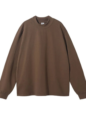Oversized crewneck long sleeve tee in coffee brown with a mock neck detail.