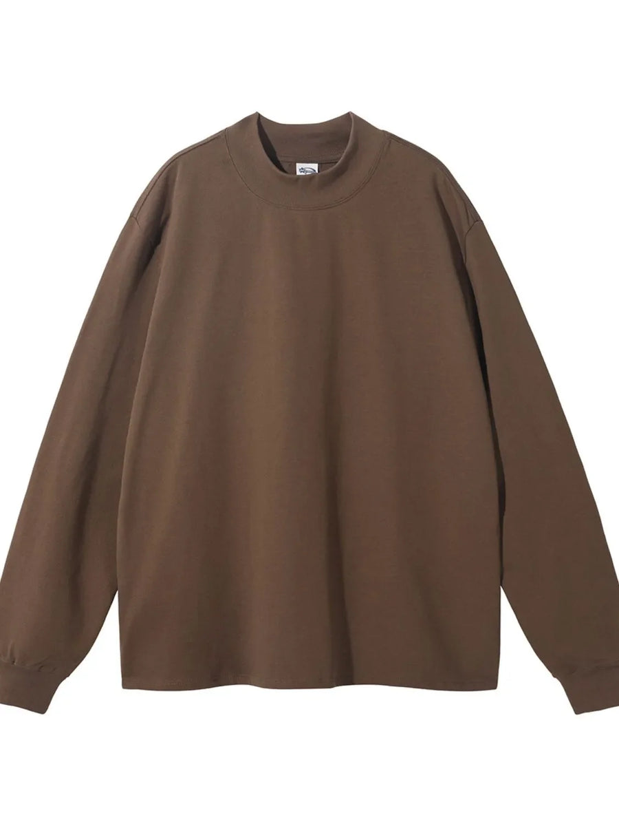 Oversized crewneck long sleeve tee in coffee brown with a mock neck detail.