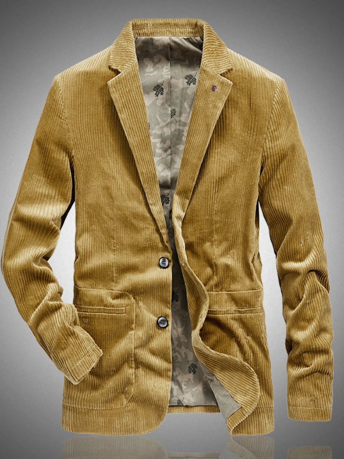 Men's casual corduroy blazer in khaki with two button closure and patterned lining.