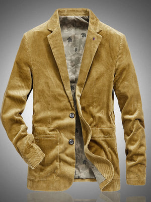 Men's casual corduroy blazer in khaki with two button closure and patterned lining.
