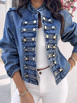 vintage-inspired denim jacket in Dusty Blue with collared