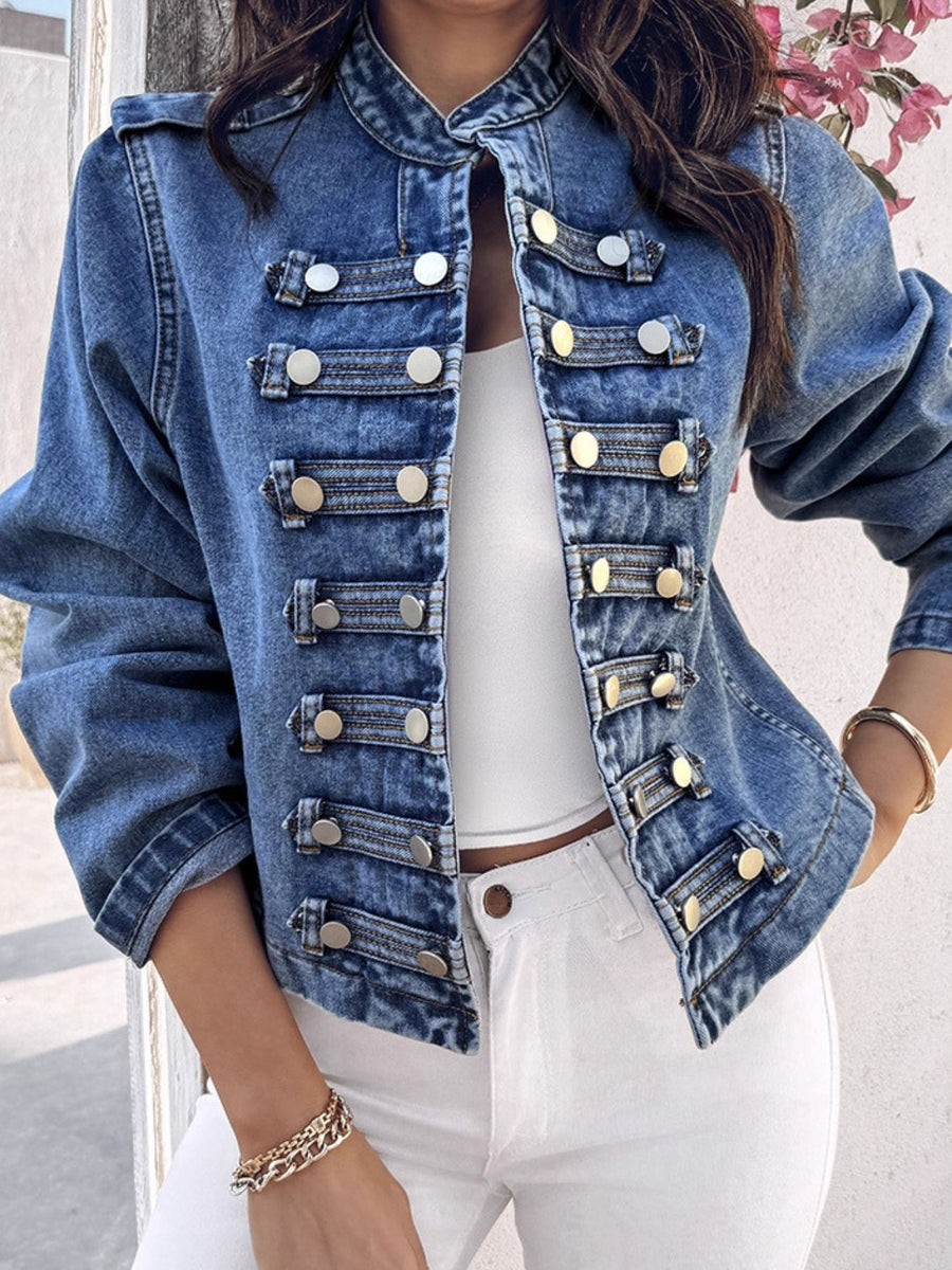vintage-inspired denim jacket in Dusty Blue with collared