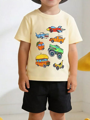 Toddler yellow cotton t-shirt with whimsical vehicle print