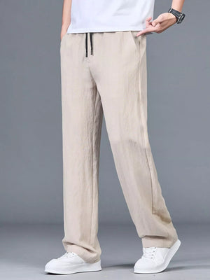 Plus-size flax coffee casual lightweight trousers with drawstring waist