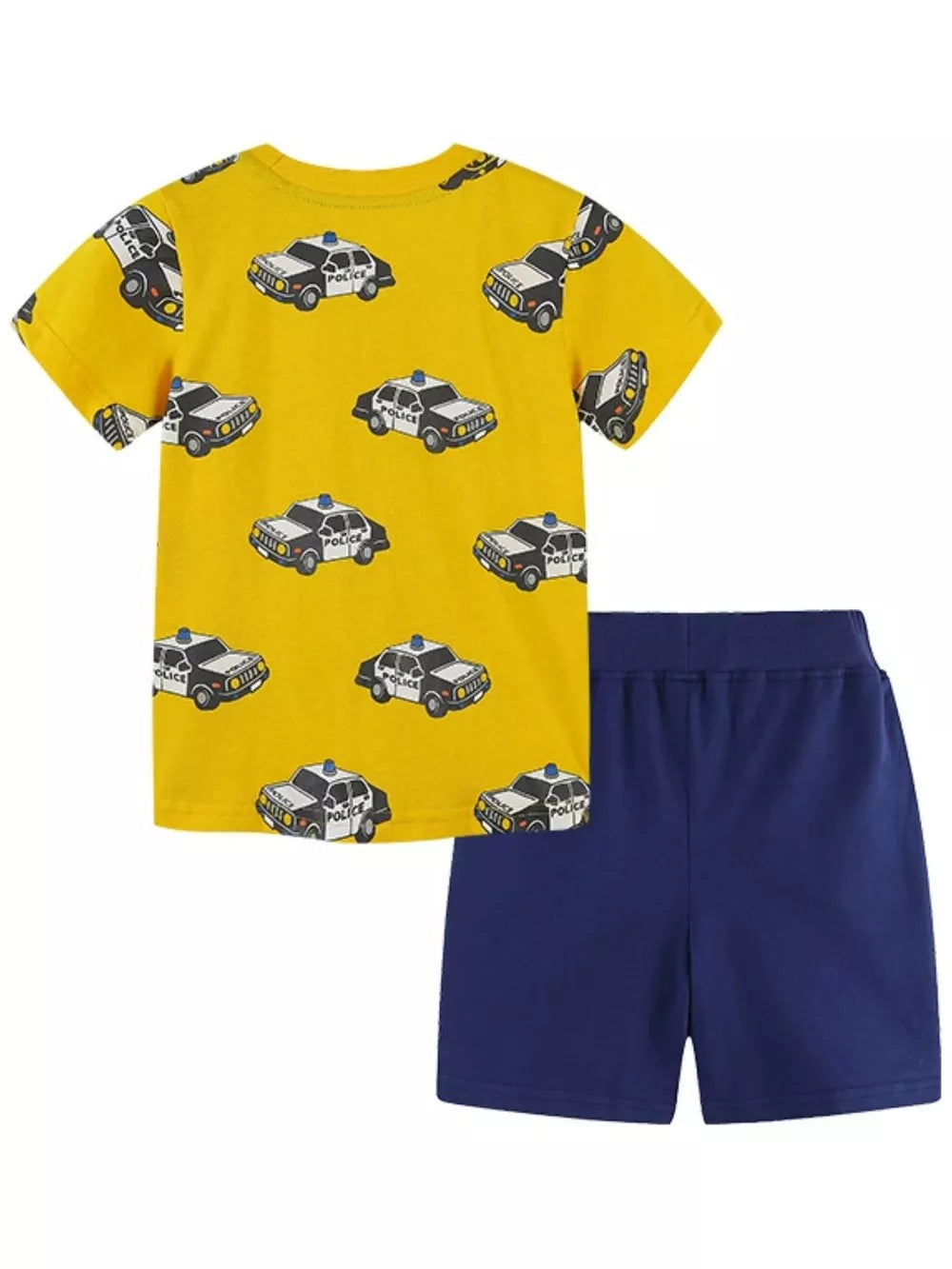 Boys yellow police car print t-shirt and navy blue shorts set