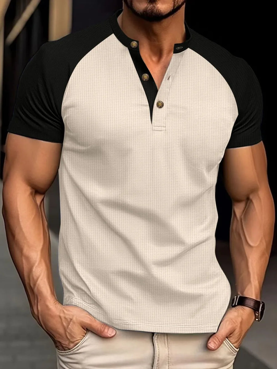 Contrast raglan henley polo shirt in beige with black sleeves and button neck
