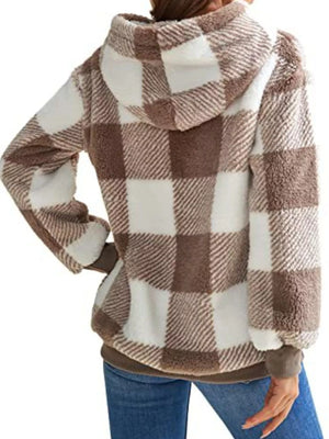 Brown plaid sherpa drawstring hoodie with a cozy fleece texture and cuffed sleeves.