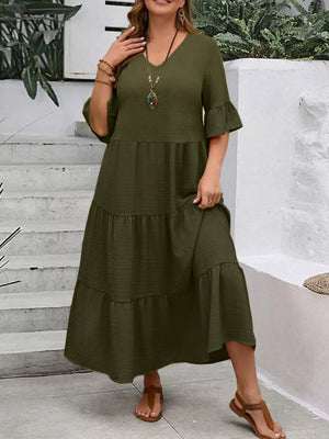 Army green crinkled midi dress with tiered skirt and ruffle sleeves