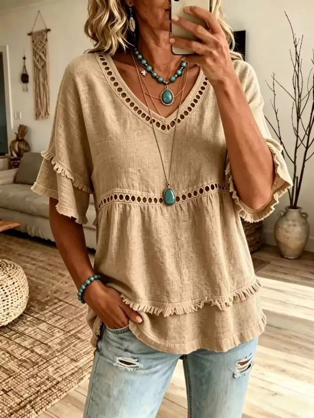 fuchsia blouse with frayed edge and short sleeve