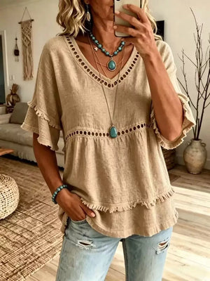 fuchsia blouse with frayed edge and short sleeve