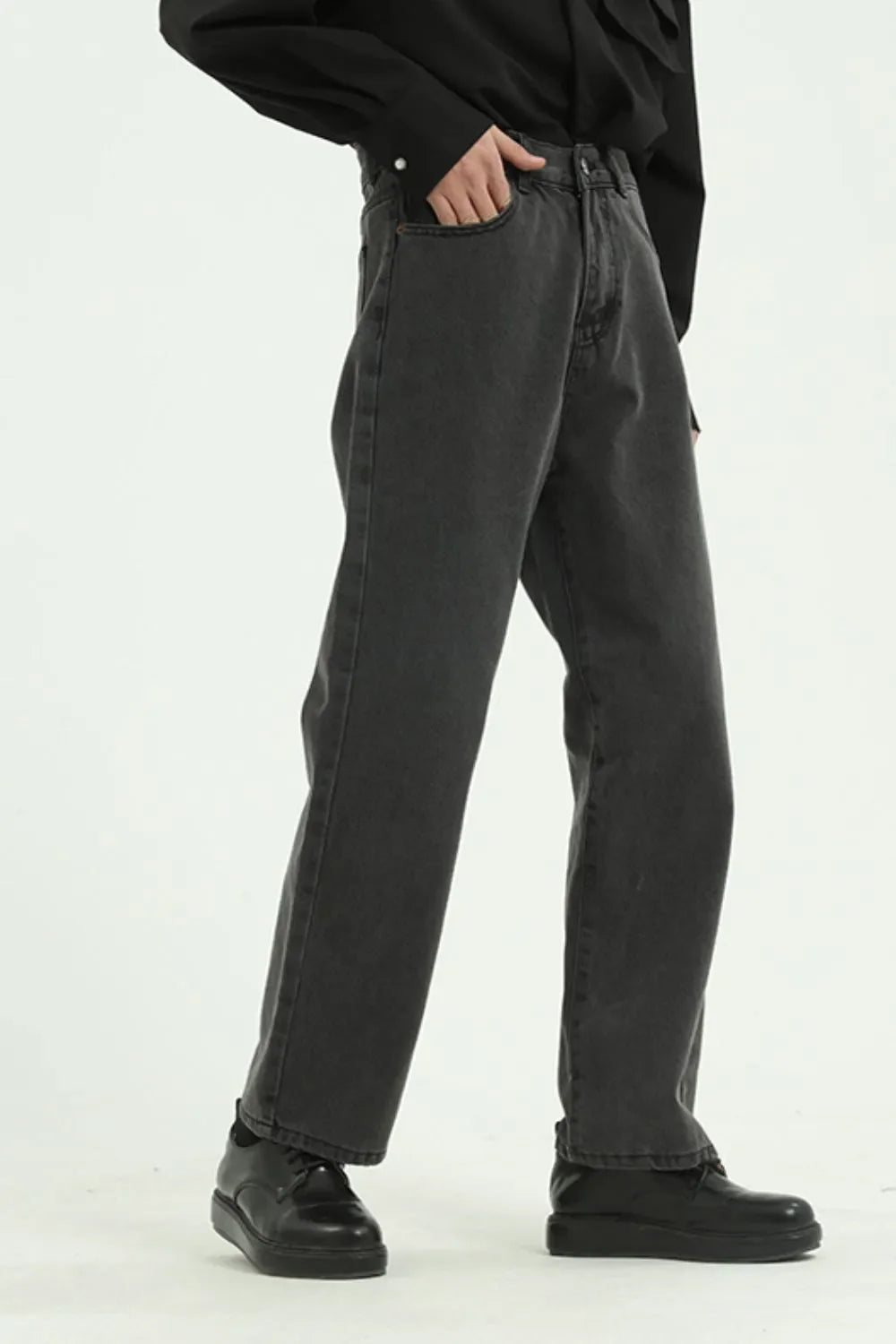 Dark Gray wide-leg denim jeans with a relaxed fit, shown on a model.