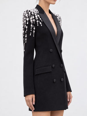 The main fabric is polyester mini dress in Black with fitted silhouette