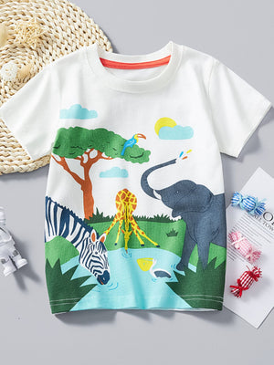 White cotton crew neck t-shirt with safari animal print featuring elephant, giraffe, zebra, toucan, and pelican.