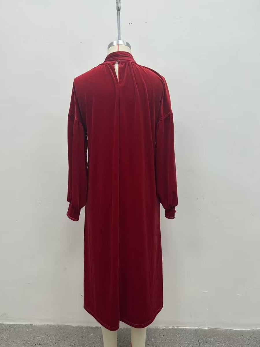 vintage-inspired midi dress in Burgundy with tie-neck