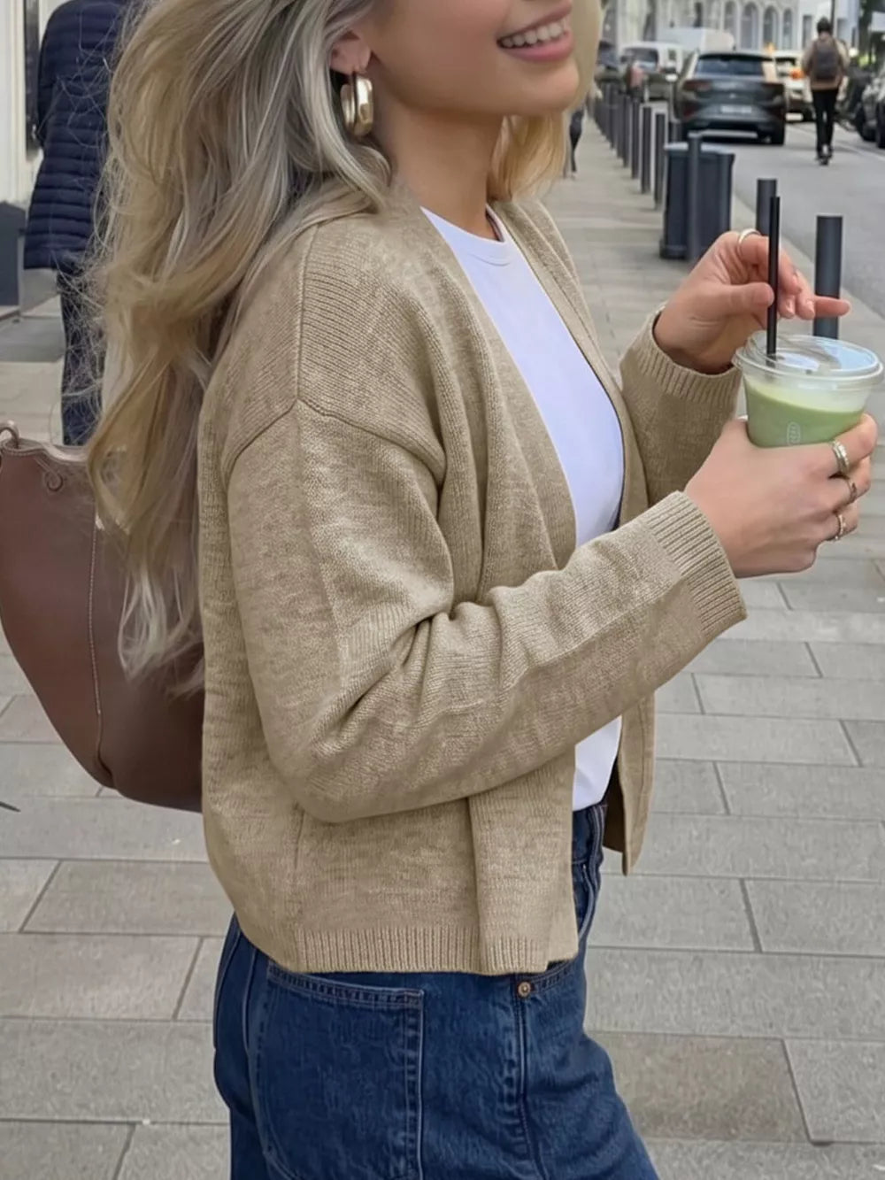 Khaki cardigan with cropped and open-front
