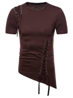 Brown cotton t-shirt with asymmetric hem and lace-up details on shoulder and side.