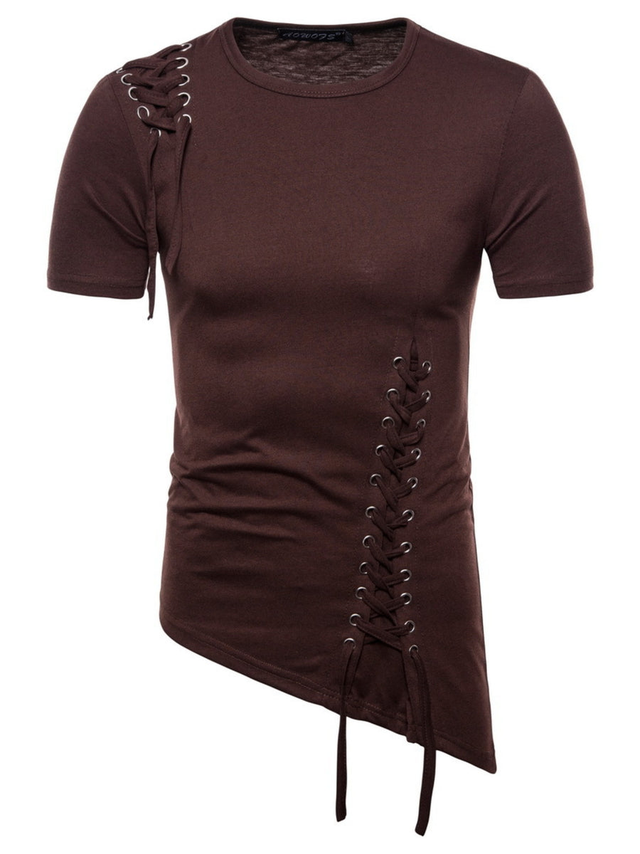 Brown cotton t-shirt with asymmetric hem and lace-up details on shoulder and side.