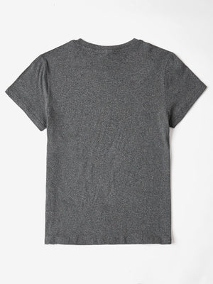 Gray heather t-shirt with crew neck and short sleeves.